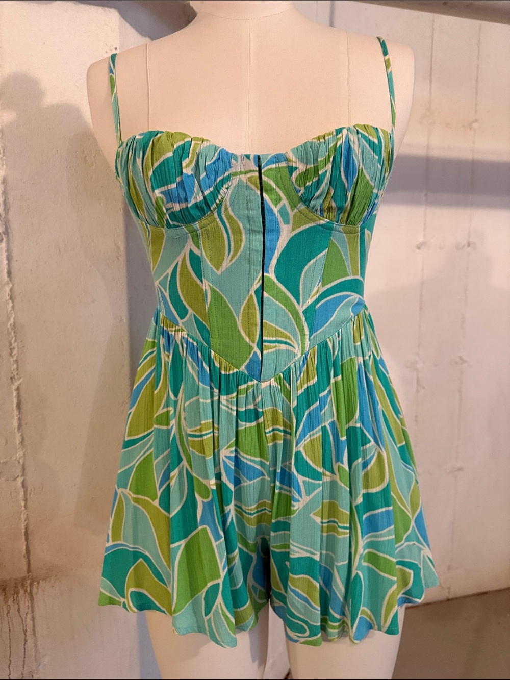 Green & Blue Printed Spaghetti-Strap Shorts Romper